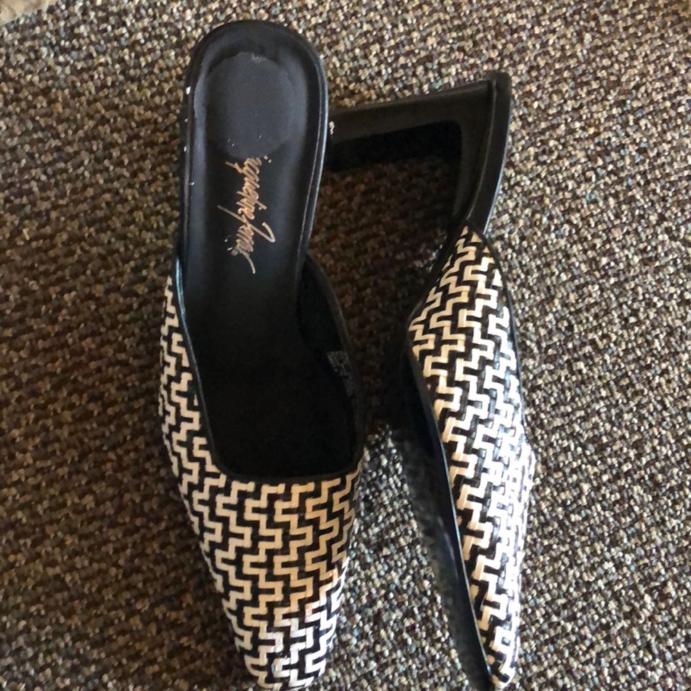 Black and white slip on heels